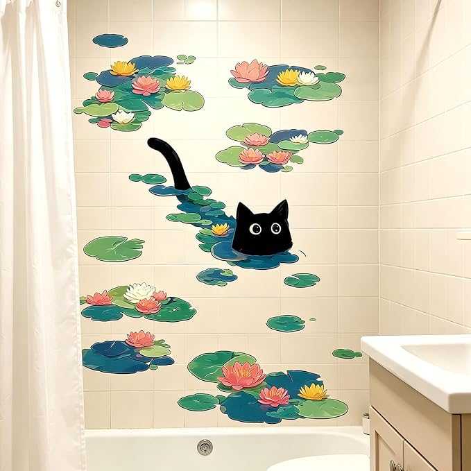 Black Cat Cute Kitten Water Lily Lotus Pond Wall Decals Peel and Stick | Adorable black cat swimming in water lily pond wall decal, removable peel-and-stick vinyl decor for bedroom bathroom nursery - Image 3