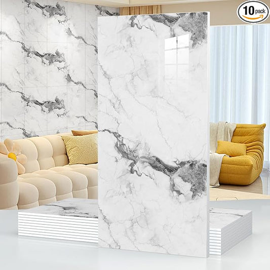 10pcs Thick Marble Peel and Stick Waterproof Wall Panels,Heat-Resistant Backsplash Tile, 23.6"x11.8" PVC Foam Wall Sticker for Kitchen,Living Rooms,TV Walls,Grey White (Not Real Tile 19.4Sq. Ft.) by Chejiaye