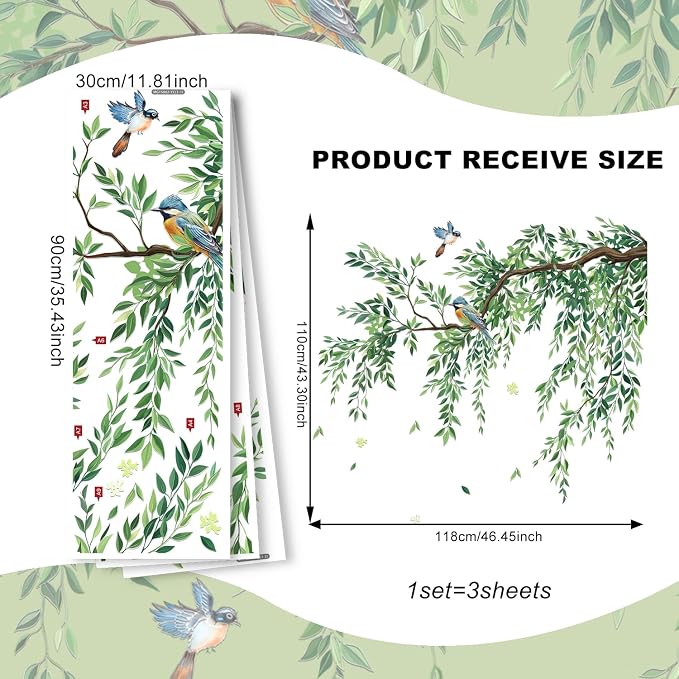 3 Sheets Large Green Tree Leaves Wall Stickers Peel & Stick Wall Decor | Hanging Vine Tree Wall Decals Peel and Stick Waterproof Leaves Branch Decor for Living Room ( 11.8 * 35.4inch) - Image 4