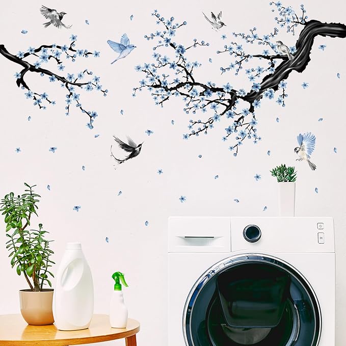 Blue Floral Wall Sticker Hanging Flower Vine Room Decor Large Tree Branch Wall Decals Peel and Stick Birds Wall Stickers for Bedroom Living Room - Image 5