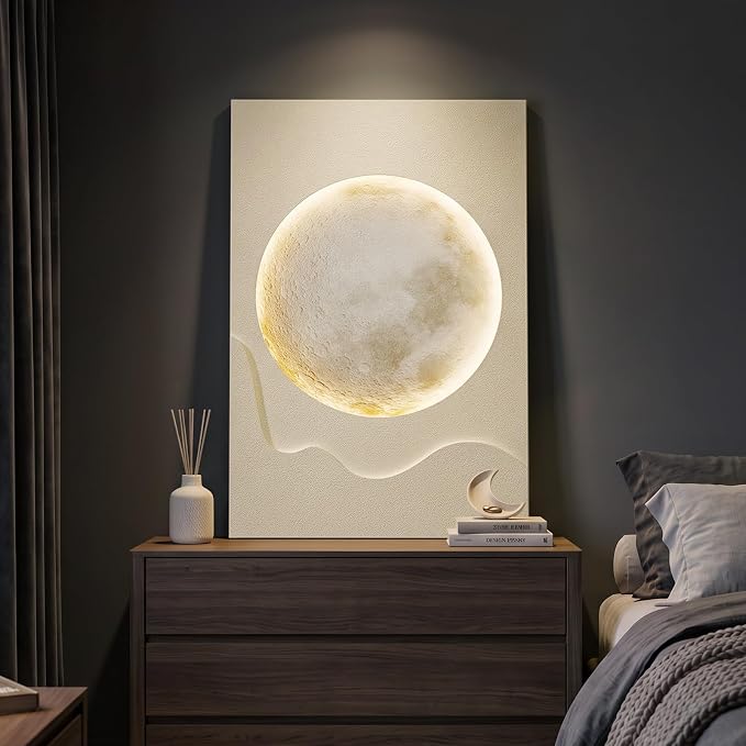 Cuspin Large White 3D LED Moon Wall Art, 24x36 In | Modern minimalist style, Warm lighted lunar, Cream tones textured design, For living room bedroom dining room hallway - Image 3