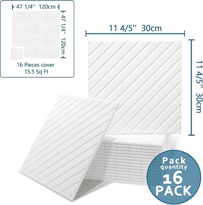 16-Pack Acoustic Wall Panels, 11.8" x 11.8" Peel and Stick PET Diagonal Slat Soundproof & Noise Cancelling Felt with 96 Adhesive Tabs, 3D Textured Sound Absorbing Panels for Home Office, White - Image 2