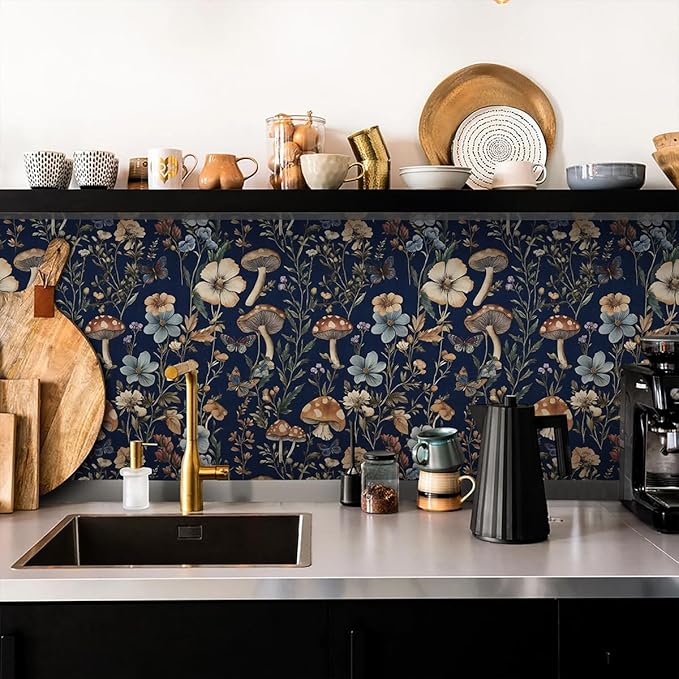 Froluya Mushroom Peel and Stick Wallpaper Dark Blue Floral 16.9" x 393.7" | Dark Floral Contact Paper Navy Blue Floral Wallpaper Vintage Boho Self Adhesive Removable Wall Paper Kitchen Bathroom Vinyl - Image 3