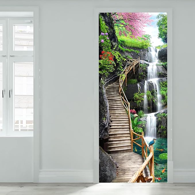 artfanke 3D Trestle Bridge Waterfall Door Sticker Peel and Stick 33.5"x84.6"- Self-Adhesive Door Murals Wallpaper - Waterproof Wall Decal for Bedroom Decor (2 Sheets/Set) - Image 5