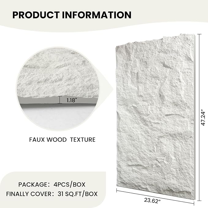 3D Faux Stone Wall Panels, 1.18" (30MM) Extra Thick PU Stone Panels for Interior Wall Decor, 4 Pack Waterproof Lightweight Cement Texture Accent Panels for Living Room, Office, 47.2" x 23.6", White - Image 2