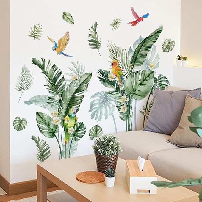 Jungle Wall Decals Peel and Stick, Large Tropical Palm Leaves & Parrot Wall Stickers, Removable Watercolor Forest Mural for Living Room, Bedroom, Nursery (Green-b) - Image 5