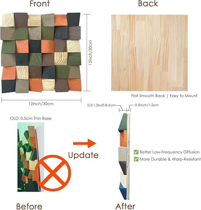 Geometric 3D Wood Wall Art Decor, 11.8"x11.8" Natural Solid Wood Mosaic Wall Tiles, Decorative Sound Diffuser Panels for Living Room TV Background, Home Theater, Bedroom, Easy Install - Image 2