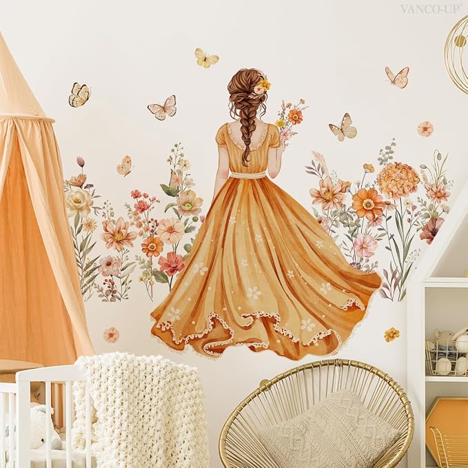 Butterfly Girl Wall Stickers - Orange Flower Fairy Garden Wall Decal Peel& Stick Removable Waterproof Vinyl Wall Decoration for Girl Bedroom Living Room,80 cm x 150 cm by Unknown