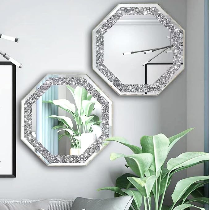 2 Piece Wall Mirrors Octagon, Crush Diamond Mirrors Wall Decor, Silver Decorative Mirrors for Living Room Decor, Bedroom, Bathroom. (12”x12”) - Image 2