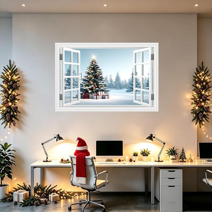 Fake Window Wall Decal - Christmas Tree Gift Winter Wall Art Poster Mural | ｜Faux Window Snow Snowfield Landscape Mural ｜ Stick and Peel Wall Decals｜for Xmas Room Office Decor｜48"x32",Set of 2 Sheets - Image 4
