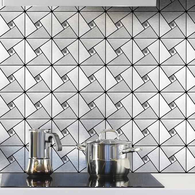 Art3d Peel & Stick Backsplash， Metal Mosaic Tiles, 10 pcs, Silver Windmil - Image 3