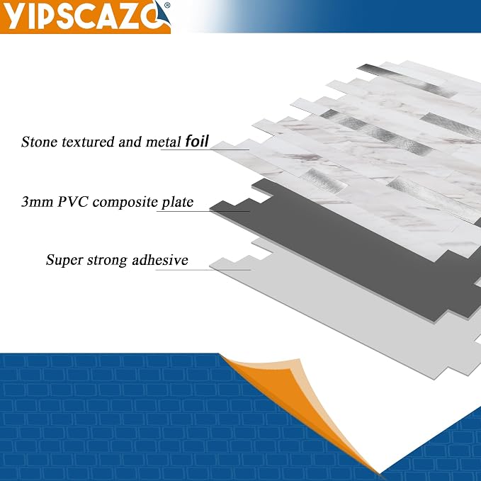Yipscazo 5 Sheets Peel and Stick Stone Metal Tile Backsplash, Stick on Tiles for Backsplash Kitchen, Bathroom, Laundry Room, Camper, Fireplace (12'' X 12'', Bright Carla White) - Image 6