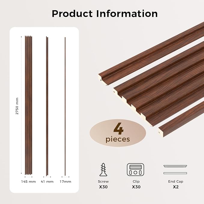 Slat Wall Panel 4-Pack, 108’’x5.7’’, Walnut | Real Wood Material, with 2Pcs End Trims, Wood Wall Panel for Interior Wall Decor, Bedroom, Living Room, TV Background - Image 3