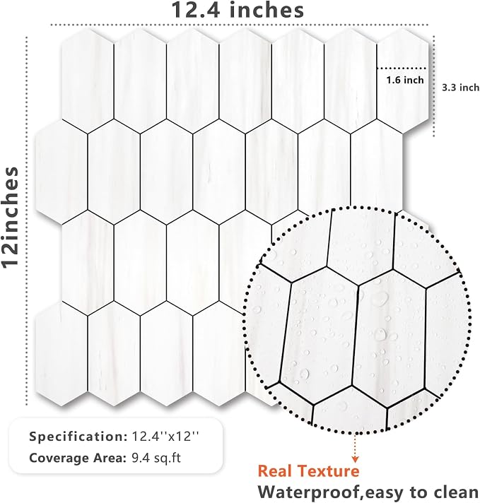 Vamos Tile Long Hexagon Peel and Stick Backsplash Tile - 10 Sheets Stick on Backsplash for Kitchen and Bathroom 12.4 x 12 Inch Dolomite Marble Look PVC Self Adhesive Mosaic Wall Tiles - Image 7