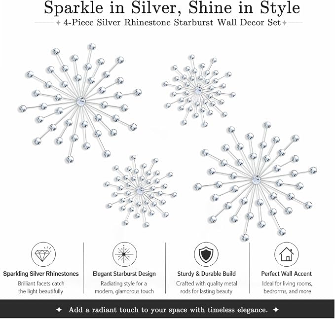 ZEXUIRU 4 Set Silver Starburst Wall Art for Home Decor Metal Bling Crystal Rhinestones Sunburst Wall Decor Sparkling Rhinestone Art Accent Silver - 13 in - Image 8