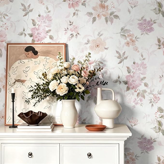 Floral Peel and Stick Wallpaper Pink Wall Paper Vintage Farmhouse Contact Paper Slef Adhesive Removable Wallpaper Watercolor Vinyl Waterproof for Living Room Bedroom Kitchen Bathroom 17.3"×78.7" by Guvana