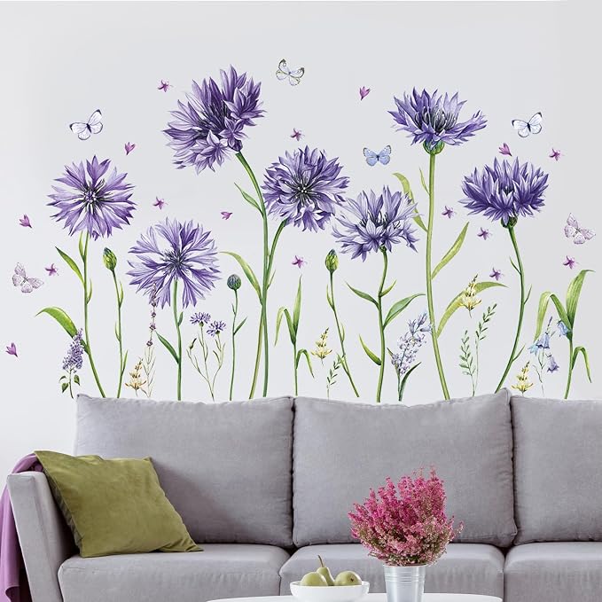 Purple Flower Wall Sticker Peel and Stick Floral Butterfly Wall Decals | Purple Wall Decal DIY Removable Daisy Flower Sticker Big Flower Wall Art Mural for Bedroom Waterproof Self-adhesive Wallpaper by Aurbhosa
