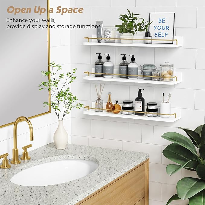 Forbena 24 Inch Bathroom Floating Shelves for Wall Set of 3, Gold Bathroom Shelves Over Toilet Wall Mounted with Rail, Decorative Hanging Shelf for Bedroom Office Living Room Decor (White and Gold) - Image 4