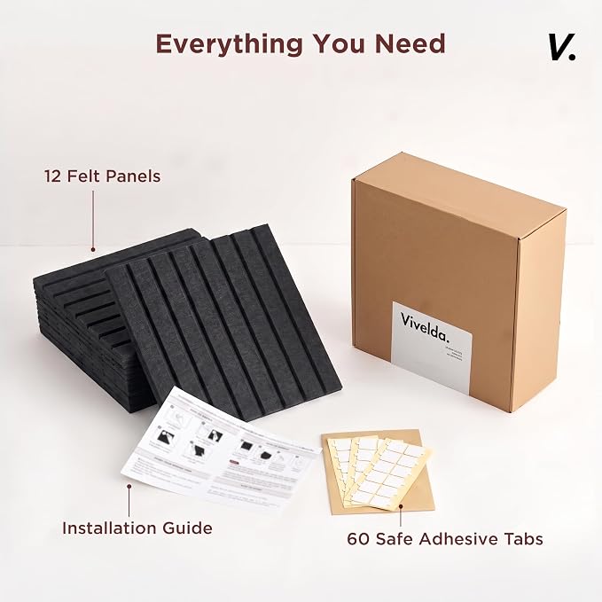 VIVELDA Large Felt Bulletin Board 48 x 36 Inch - 12-Pack Square Acoustic Wall Panels, Cork Board Alternative, NRC 0.95, Damage-Free Adhesive, Slatted Design for Home, Classroom (Black) - Image 5