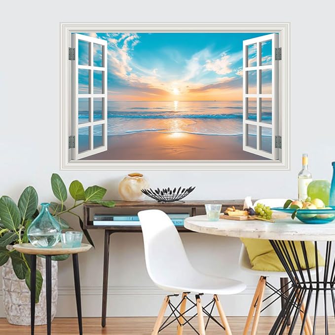 Large Murals 66"x48" Fake Window Wall Mural Ocean Beach Seascape Faux Window Wall Cling Art Picture Office Poster Coastal Decals Decor, Stick and Peel Landscape Natural Scenery Sunset Coastal Scene - Image 7