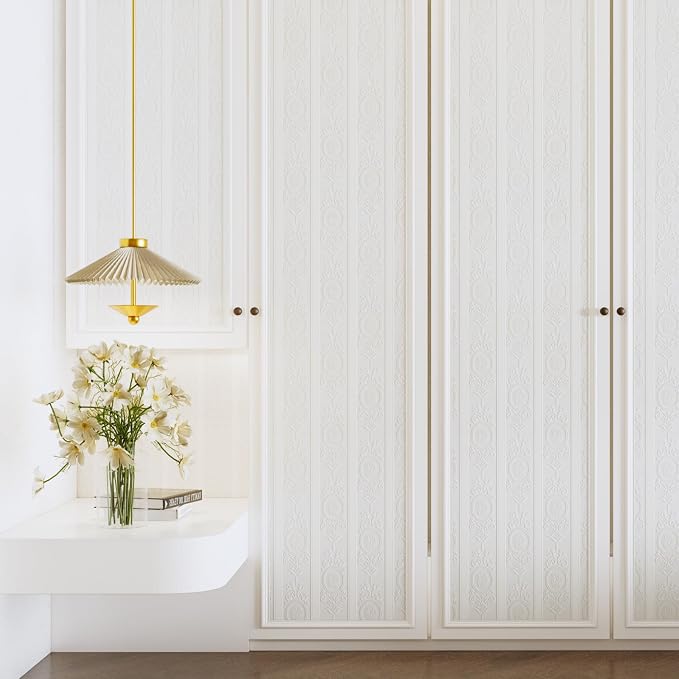 JiffDiff White 3D Embossed Textured Peel Stick Wallpaper 17.3"x800" | Removable Renter Friendly Contact Paper, Waterproof Self Adhesive Wallpaper for Bedroom, Bathroom, Decor,96 sq. - Image 4