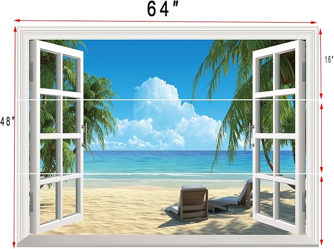 Fake Window Wall Mural Summer Blue Sky White Beach (64"x48") | Peel and Stick Faux Window Wall Sticker Decal Poster for Bedroom Home Decor - Image 4