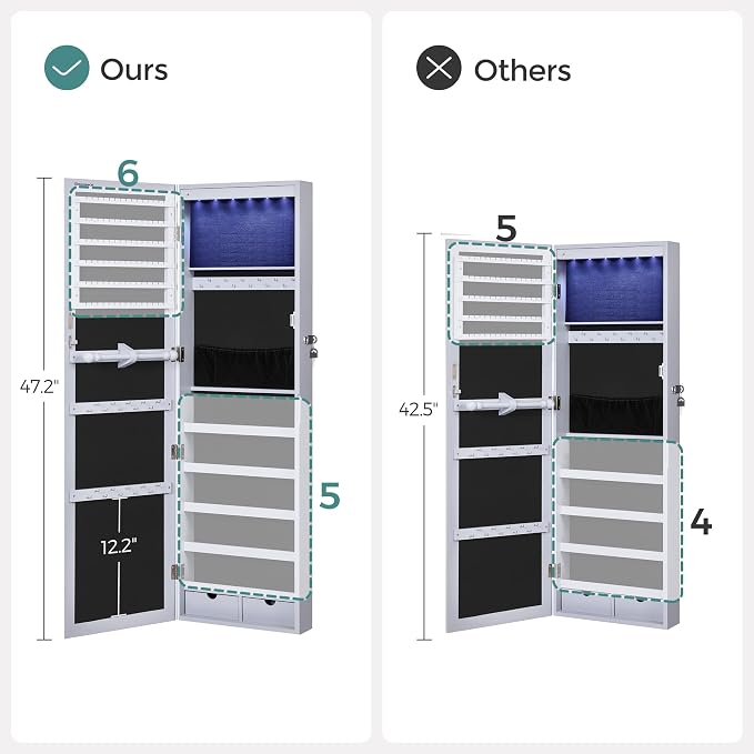 SONGMICS 6 LEDs Mirror Jewelry Cabinet, 47.2-Inch Tall, Lockable - Image 7