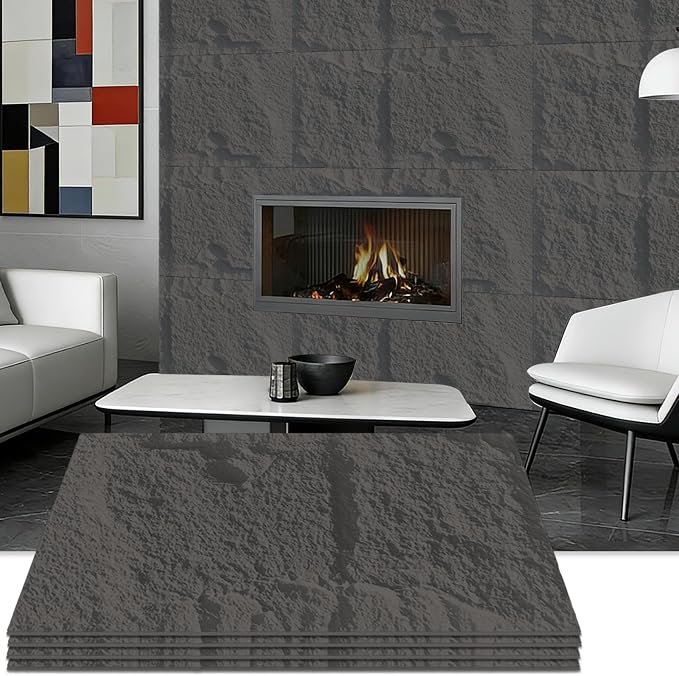 3D Faux Stone Wall Panels, 1.18" wall Panels for Interior wall Decor, 4 PCS PU Wainscoting Panel， Cement Texture， Thicker Accent， for Living Room, Office, 47.2" x 23.6", (Dark Brown) by Unknown
