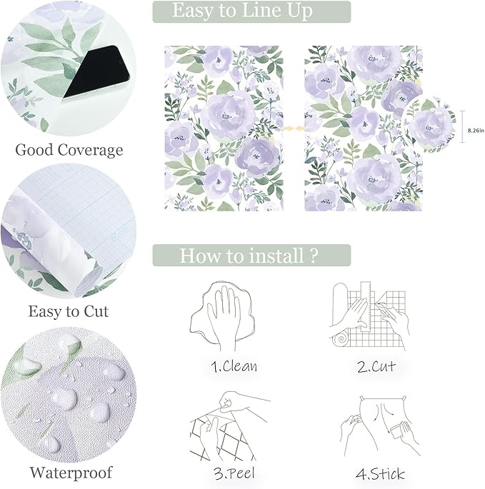 Orainege Floral Wallpaper Peel and Stick Wallpaper Floral Contact Paper | 16.9in x196.8in Boho Peony Self Adhesive Removable Wall paper for Bedroom Living Room Decor Vinyl, Purple - Image 5