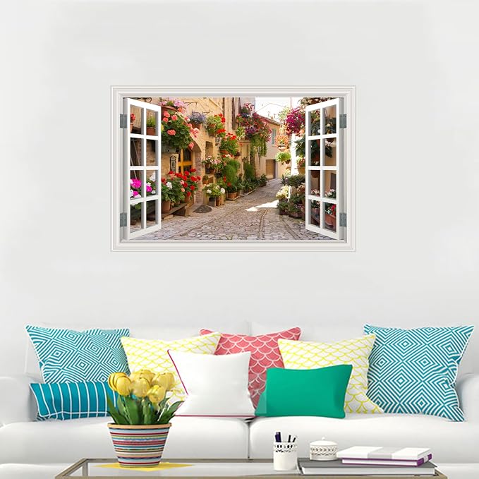 Fake Window Wall Decals Spring Italy Rose Alley Flower Wall Art Sticker | ｜Faux Window Natural Scenery Landscape Mural ｜ Stick and Peel Wall Decal｜for Room Bedroom Office Scene Picture Decor｜24"x16" - Image 9