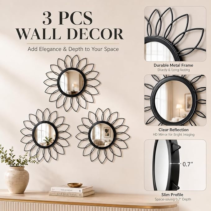 Black Flower Mirror Set of 3, 3PCS Metal Round Decorative Wall Mirrors, Floral Petal Accent Mirror Wall Decor for Living Room, Bedroom, Entryway & Bathroom - Image 3