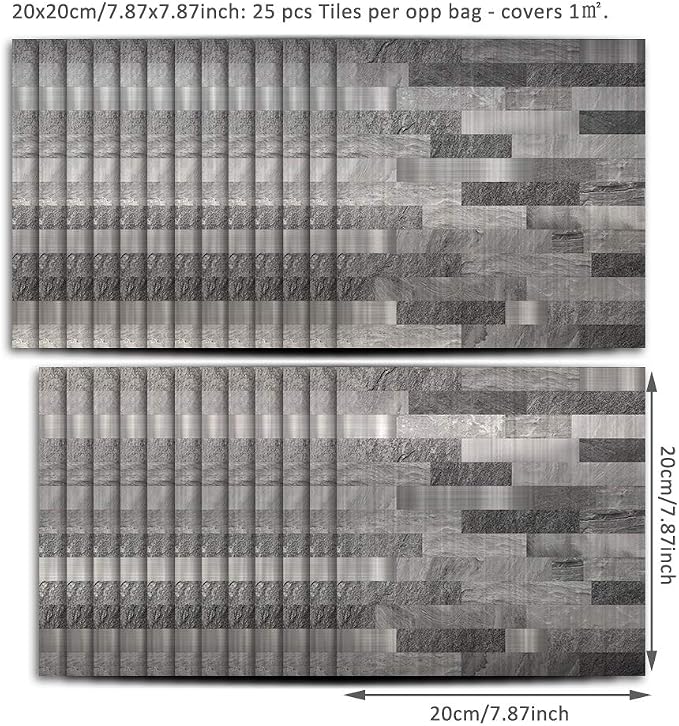 25 Pcs Self-Adhesive Tile Transfer, Peel and Stick Tile Decal, Water-Proof Backsplash Wall Tile Sticker for Kitchen Bathroom Decor, Gray Brick Metal Marble, 8x8inch - Image 6