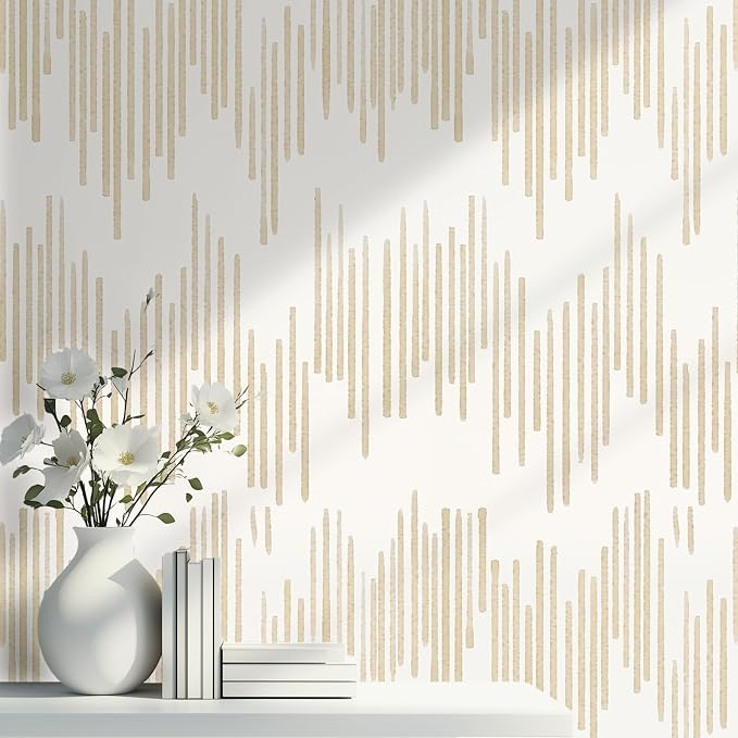 WENMER Beige Striped Wallpaper, Geometric Peel and Stick Wallpaper, 17.7''×118'' Gold Contact Paper, Beige Self Adhesive Removable Wall Paper for Bathroom Cabinets Kitchen by WENMER