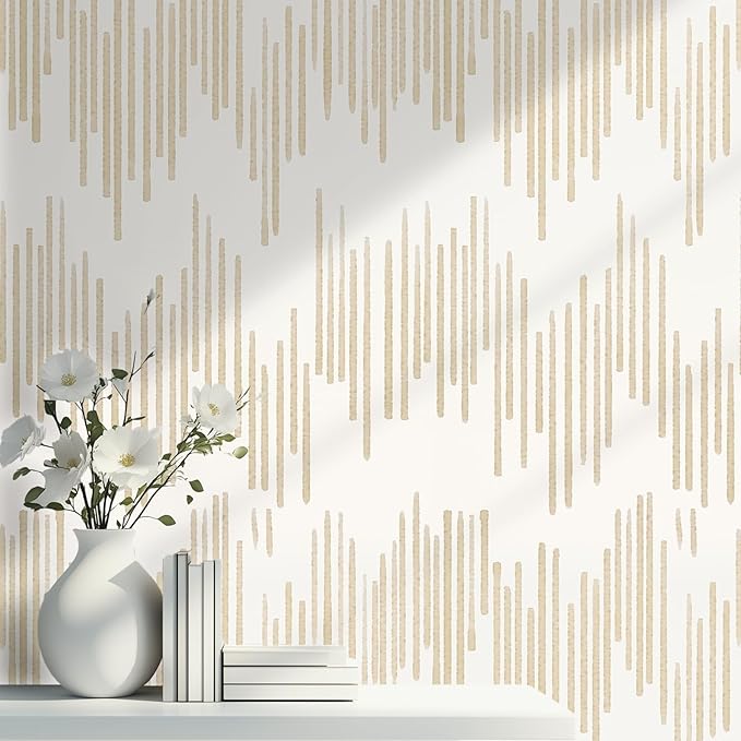 WENMER Beige Striped Wallpaper, Geometric Peel and Stick Wallpaper, 17.7''×590' Gold Contact Paper, Beige Self Adhesive Removable Wall Paper for Bathroom Cabinets Kitchen by WENMER