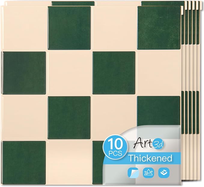 Art3d Grid Tile Peel and Stick Backsplash, 10-Pack, Dark-Green & Warm White | 12 x 12 Inch, Enhanced Thickness, Superior Adhesion, Moisture Resistant, Long-Lasting, Minimalist Look, for Kitchen Decor by Art3d