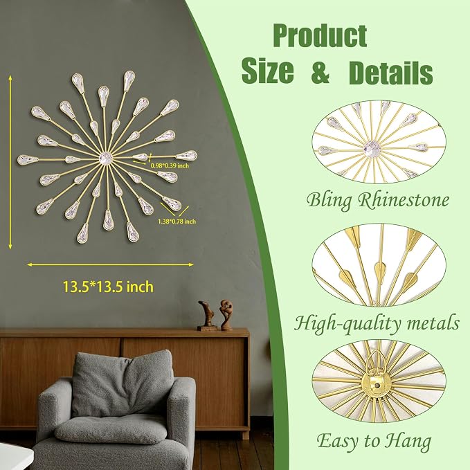 ZEXUIRU 3 Set Gold Starburst Wall Art for Home Decor Metal Bling Crystal Rhinestones Sunburst Wall Decor Sparkling Rhinestone Art Accent Gold - 13in - Image 4