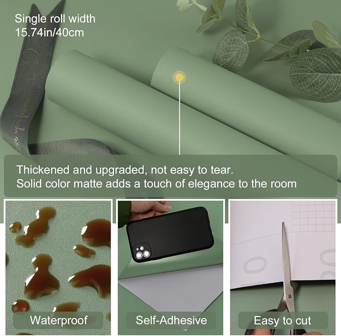 Sage Green Peel and Stick Wallpaper Solid Sage Green Contact Paper A Set of 15.7"x472" Matte Self Adhesive Waterproof Vinyl Roll for Wall Coverings,Cabinets,Countertops,Bedroom,Kitchen - Image 2