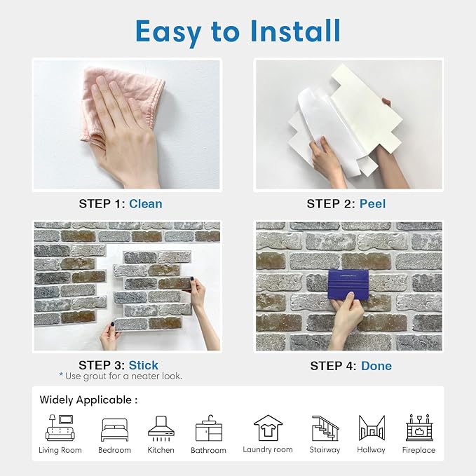 COMSTICKC 3D Faux Brick Wall Panels Peel and Stick, 10 Pcs 11.8" x 11.8" | Vintage Brown Gray, Not Real Brick, Small Size Ultra-Light Thin PVC 3D Fake Brick Wall Sticker for DIY Decor, Cover 9.7 sq ft - Image 8