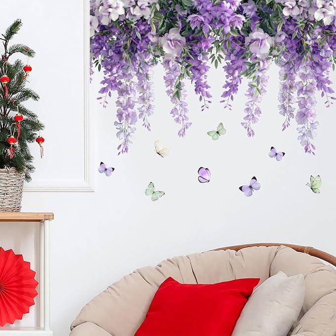 Purple Hanging Vine Wall Decals, Removable Wisteria Floral Vinyl Stickers, Flower Vine Butterfly Stickers Art Wallpaper for Home Clings Bathroom Bedroom Living Room Wall Corner Decor - Image 3