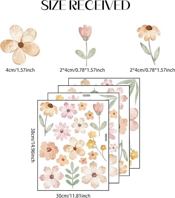 Boho Flower Wall Decals, Pink Watercolor Floral Art Sticker for Girls' Room, Bedroom, Nursery and DIY Cute Wall Decor (Cute Wildflower Decals) - Image 3