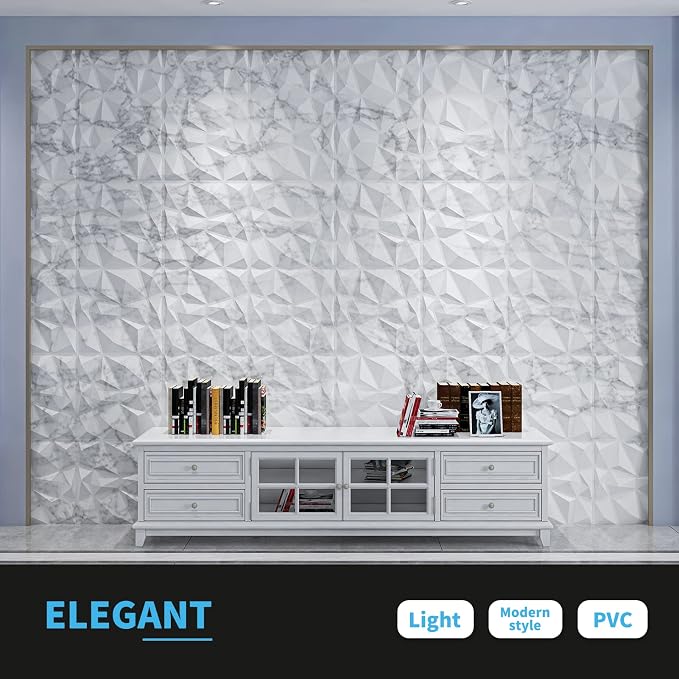 Art3d Textures 3D Wall Panels Glossy White Marble Diamond Design for Interior Wall Decor Pack of 12 Tiles 32 Sq Ft (PVC) - Image 4