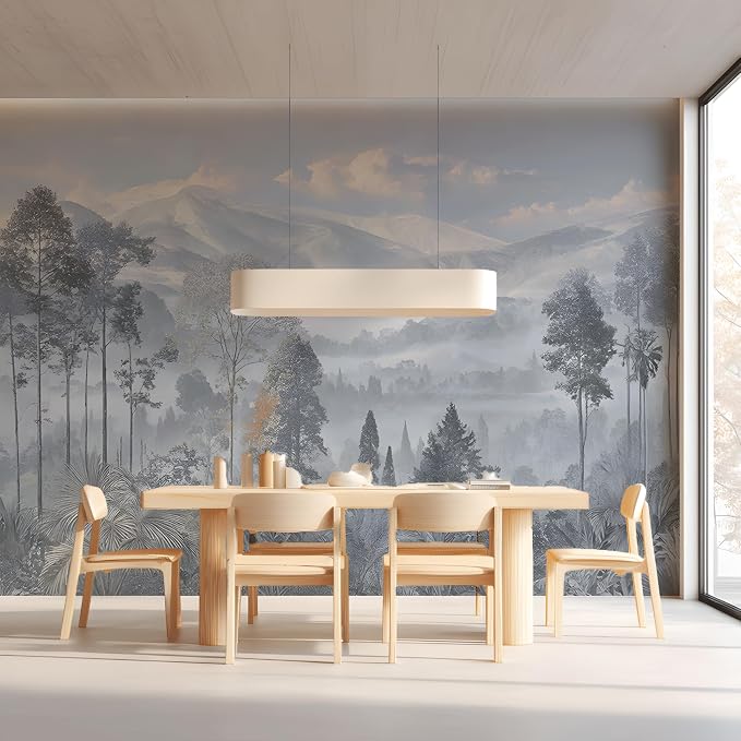 ASJ Forest Peel and Stick Wallpaper Mural, Misty Mountain Light Blue | Seamless edge-to-edge match. Dusty blue grey nature artwork, 98x62 in, premium fabric, living room bedroom. by ASJWallpaper%EF%BC%86Murals