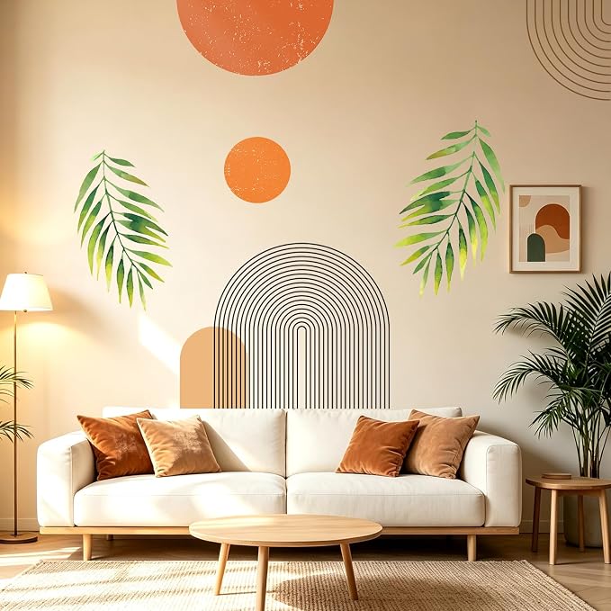 Boho Mid-Century Geometric Arch Palm Leaf Removable Wall Decor Sticker Art | Peel and Stick Archs Sun Vinyl Wall Stickers, Removable Leaves Plants Home Decor for Bedroom Living Room Classroom Office - Image 3