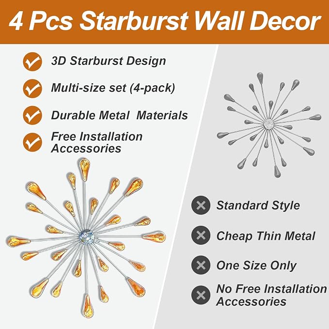 ZEXUIRU 4 Set Silver Starburst Wall Art for Home Decor Metal Bling Crystal Rhinestones Sunburst Wall Decor Sparkling Rhinestone Art Accent -Orange 13in/11.8in/9.8in/9.8in - Image 7