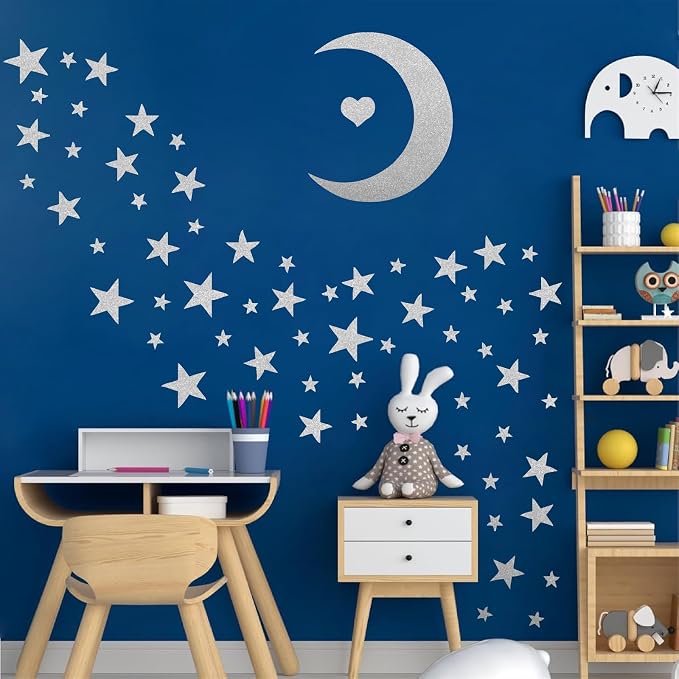 Star Wall Decals Silver Stars Moon Stickers Peel and Stick Celestial Decor | Star and moon decor, sparkle decal for walls, wall sticker, removable vinyl art mural, peel and stick, for kids baby bedroom - Image 3
