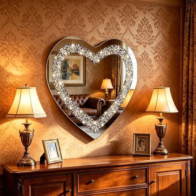 DMDFIRST Crystal Crush Diamond Heart Shaped Silver Mirror for Wall Decoration 24x24x1 inch Wall Hang Frameless Mirror Acrylic Diamond Décor. - Image 5