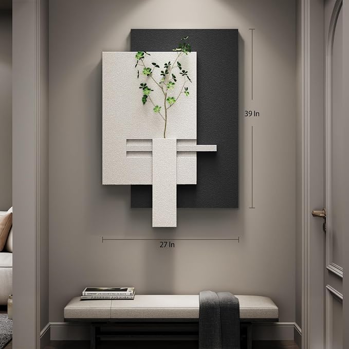 3D Black and White Abstract Wall Art, Modern Minimalist Artwork for Walls | Sandstone Textured Pictures, Layered Panle Design, Faux Plant, Decor for Living Room Bedroom Dining Room Office - Image 8