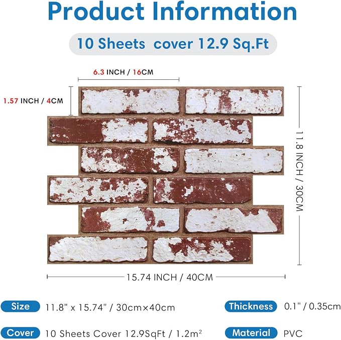 COMSTICKC 3D Faux Brick Wall Panels Peel and Stick Decorative Tiles Sticker | 10 Pcs 15.7" x 11.8", Red Whitewash, Not Real Brick, Thin PVC Fake Brick Backsplsh Sticker Covering for DIY, Cover 12.9 sq ft - Image 5