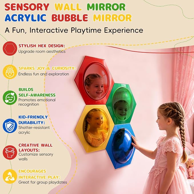 4 Pcs Honeycomb Hexagon Acrylic Sensory Bubble Mirrors for Wall, DIY Combinable Sensory Panel, Colorful Toys for Playroom & Calming Corner Supplies (Red, Yellow, Green, Blue) - Image 4