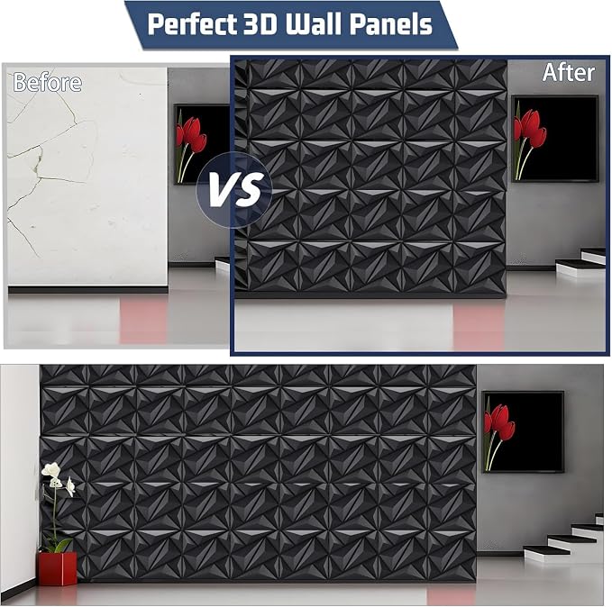 Heikki 30 Pack 3D Wall Panel for Interior Wall Décor, PVC Flower Textured Wall Panels for Living Room Bedroom Hotel Office, 11.8"x11.8", Double-sided Tape (Black-DJZ) - Image 5